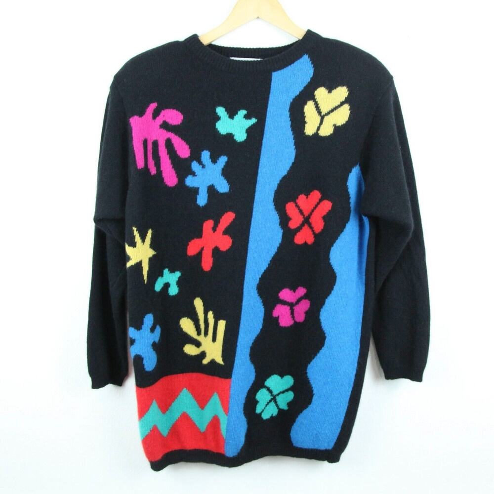 Vintage Artsy Sweater 90s Op Art Medium Colorful Whimsical 60% Angora Maximalist